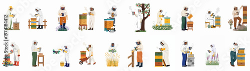 Diverse collection of male and female beekeepers in protective suits working with beehives, smokers, and honeycombs in various outdoor settings.