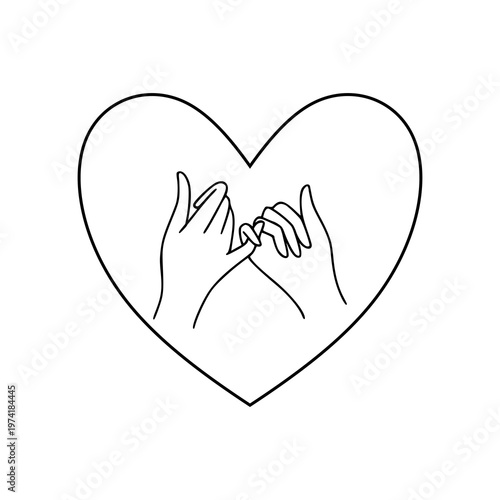 Minimalist black and white line art of two hands making a pinky promise inside a heart shape. Romantic pinky swear hand gesture in a heart frame. Pinky promise hand sign outline icon.