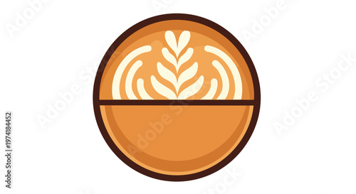 A stylized illustration presents a coffee drink featuring a brown border outlining a latte art design with brown line below it