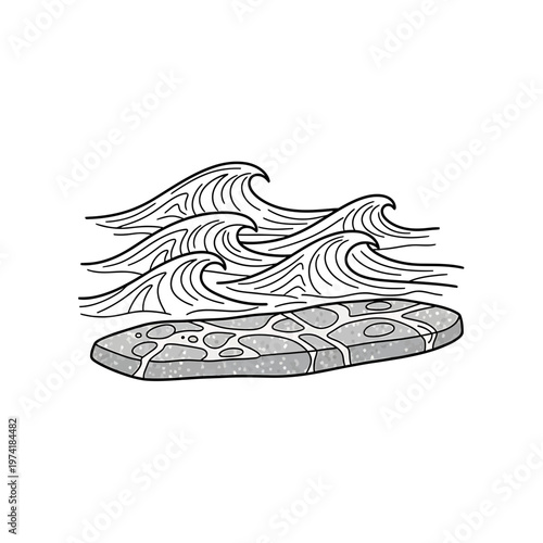 Surfboard and Waves: A monochromatic illustration captures the essence of surfing, featuring a surfboard positioned in front of a series of stylized ocean waves.