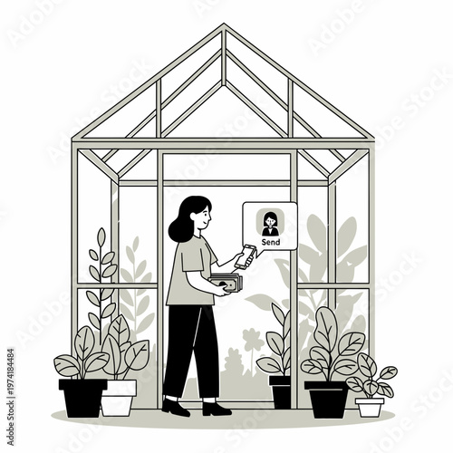 Digital Greenhouse: A woman tends to plants inside a greenhouse, communicating via a smartphone. The image presents modern technology combined with natural elements and horticultural care.