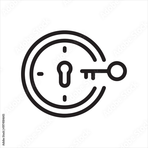 Clock with key, linear icon. Time access, control, unlock. Line with editable stroke.