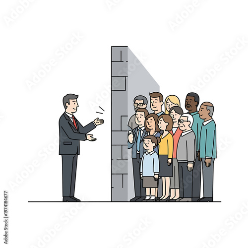 Divided Dialogue: An illustrated scene depicts a man in a suit attempting to connect with a diverse group of individuals separated by a stark wall.