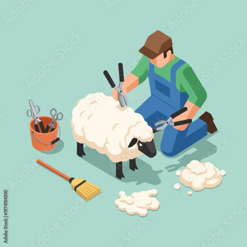 Sheep shearing on a farm.