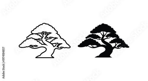 Two bonsai tree designs one light and one dark presented as a silhouette
