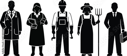 Diverse professions silhouette collection doctor teacher farmer gardener and businessman