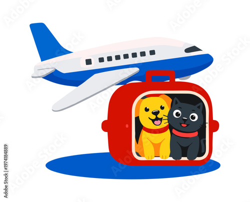 Airplane pet travel with dog and cat in carrier. Animal transportation concept. Pets traveling by airplane in transport box.