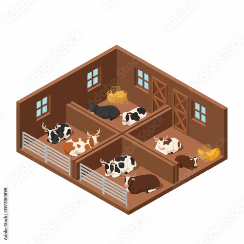 Isometric illustration of a farm barn with cows and goats.