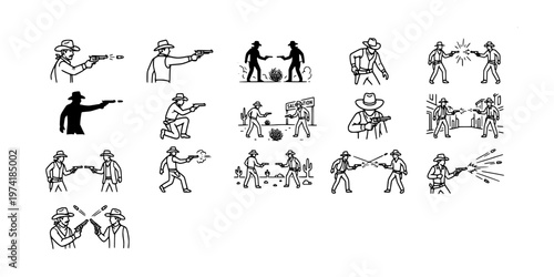 icon liner set collection of wild west cowboy scenes featuring duels, shooting poses, sheriffs, bandits, and desert landscape elements.