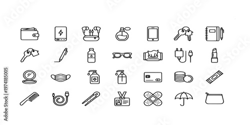 icon liner set collection of daily personal items including wallets, phones, keys, cosmetics, sanitizer, power banks, and essential travel accessories.
