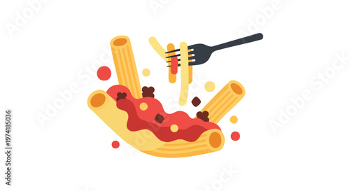 Illustration of pasta with red sauce, brown bits, and a fork lifting noodles on a white background. Scattered circles and tubes of pasta
