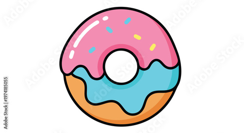 A donut-shaped illustration with pink frosting, blue icing and colorful sprinkles. It has a hole in the middle, outlined in black