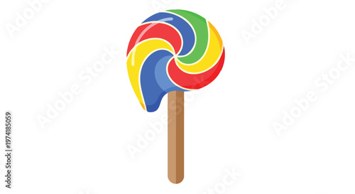 A colorful, spiral lollipop with a brown stick, against a white background. This candy features vibrant colors like red, yellow, green, and blue