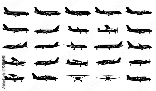 Airplane silhouette collection with commercial private and cargo aircraft vector set