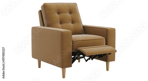 Brown leather recliner chair, tufted back, footrest extended, modern furniture