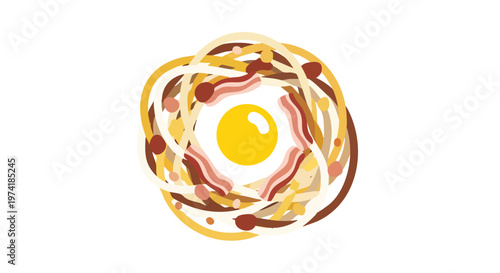 A stylized illustration features a fried egg at the center surrounded by curly shapes in various shades of brown and yellow, and bacon