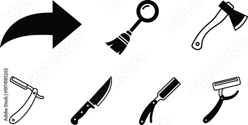 Tools and Utility Icons Set with Axe, Knife, Razor, Brush and Arrow Silhouette Vector Illustration Collection