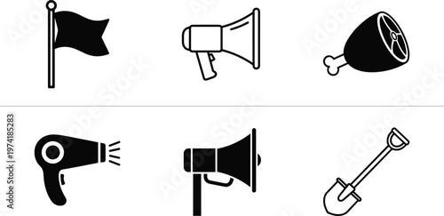 Object and Tool Icons Set with Flag, Megaphone, Hair Dryer, Shovel and Meat Drumstick Silhouette Vector Illustration