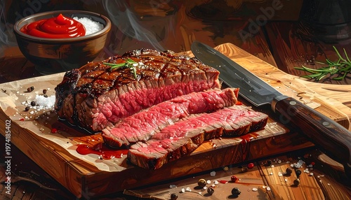 A sliced roast beef on a wooden cutting board