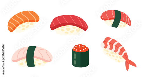 A collection of six different sushi pieces, each displayed on a clean white background. Various colors and shapes