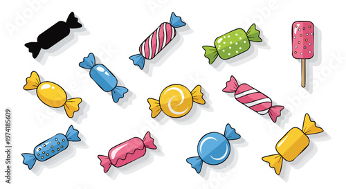 Assorted colorful candies and a popsicle. Each candy is individually wrapped with distinct designs and colors, arranged on a white background