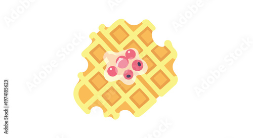 Illustration of a cartoon waffle with a bite taken out, topped with cream and red berries. It's a simple, bright, and cheerful depiction