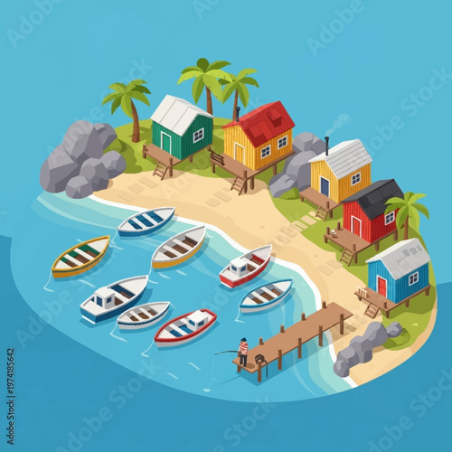 a colorful beach scene with houses and boats.