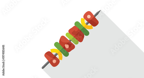 A flat illustration of a skewered food item, featuring alternating sections of red meat, green and yellow peppers, skewered on a metal stick
