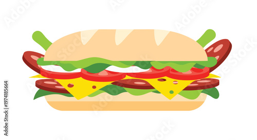 A vibrant, flat vector illustration of a loaded sandwich, showcasing layers of bread, lettuce, tomato, cheese, and a sliced sausage