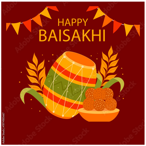 Colorful Baisakhi festival celebration with people in traditional Punjabi attire performing bhangra and gidda dances, capturing the joy of harvest season and cultural unity.