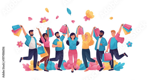 Excited diverse people holding shopping bags jump for joy in a colorful spring sale banner illustration, with a flat vector design and a cheerful mood against a clean white background