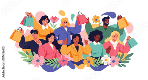 Colorful vector art featuring a diverse group of people holding shopping bags, arranged with whimsical flowers and foliage against a clean white background, conveying a celebratory