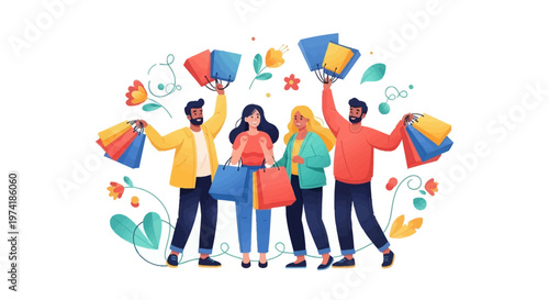 Cheerful cartoon characters celebrate a successful spring sale event, holding shopping bags in a colorful vector illustration with a clean, bright background, conveying a joyful mood
