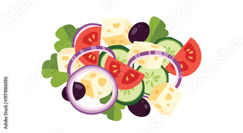 A vibrant, flat-style illustration of a salad. It has tomatoes, onions, olives, cucumbers, cheese, and lettuce. All the vegetables are cut