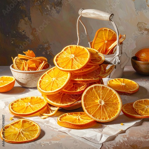A still life of sliced oranges