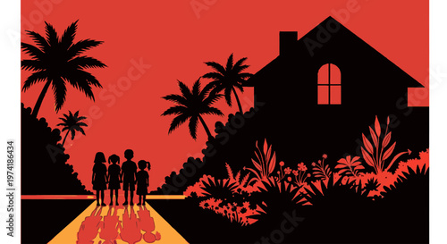 Tropical sunset scene with family silhouette on transparent background