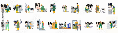 Flat vector illustrations of dairy farmers milking and caring for cows on a modern dairy farm.