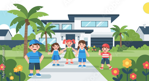 Happy children stand in front of a modern house on transparent background silhouette