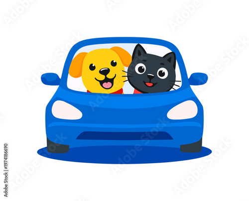 Dog and cat riding in car. Pet travel and transportation concept. Pets traveling by car together. Represents mobility and pet-friendly transport.
