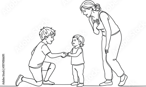 Father giving small child a toy while mother watching with care showing family bonding and parenting moment line art illustration