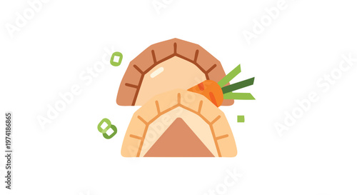 A geometric illustration of two halves of a baked pastry with a sliced view, accompanied by a small carrot. Green shapes added