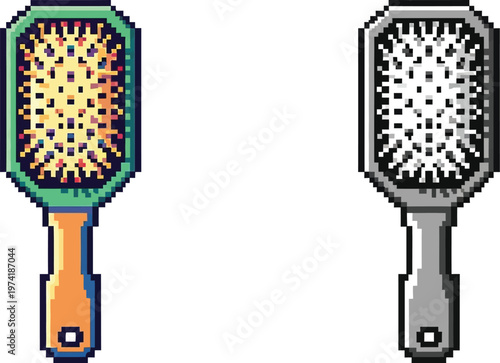 Two pixel art hairbrushes, one in color and one in grayscale, featuring a paddle design with numerous bristles.