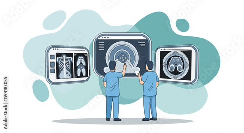 Medical Professionals Analyzing X-rays and Brain Scans on Digital Screens