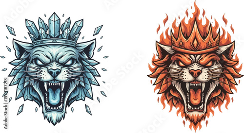 Fierce ice lion head with a crown of crystals and a roaring expression, a powerful fantasy mascot.