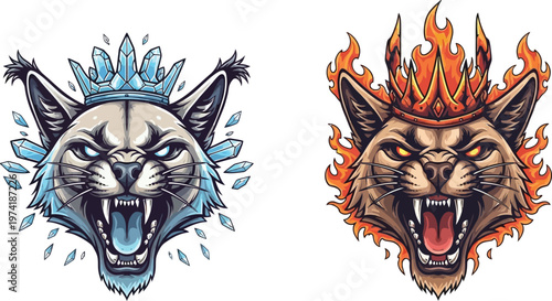 Two fierce roaring cat heads, one adorned with ice crystals and a blue crown, the other with flames and a fiery orange crown, representing contrasting elements.