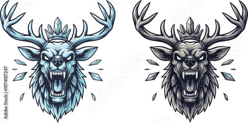 Two fierce ice deer heads with crowns and bared fangs, one in cool blue tones and the other in dark grayscale, stylized vector illustration.