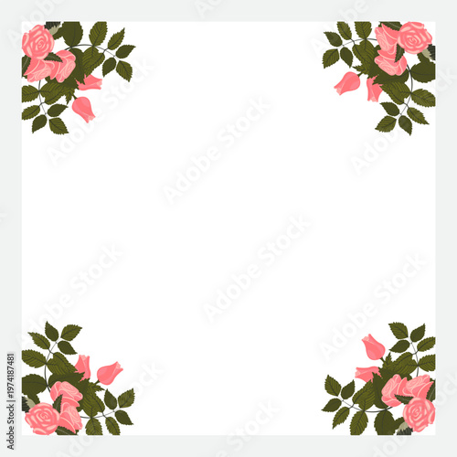 A frame decorated with three light pink roses and two buds in each corner. Vector illustration isolated on a white background.