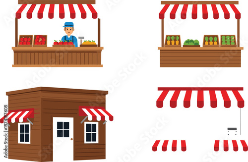 Street Market Stall and Wooden Shop Kiosk Set with Red Awning Farm Produce Stand Storefront Elements Vector Illustration