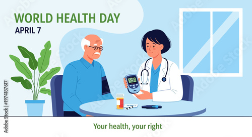 Doctor shows patient blood glucose meter on World Health Day, April 7