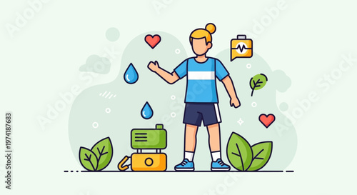 Healthy Lifestyle Concept: Woman Exercising with Water, Heart, and Health Icons
